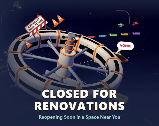 Cover of Closed for Renovations: the ring station with traffic cones and a «Closed for renovations» sign.