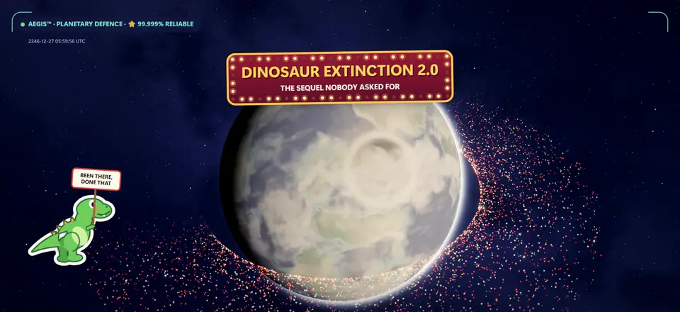 A «Dinosaur Extinction 2.0» sign over a dusty Earth, and a T-rex sticker.