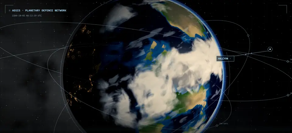Earth from orbit, wrapped in the orbital tracks of the Aegis defence network.