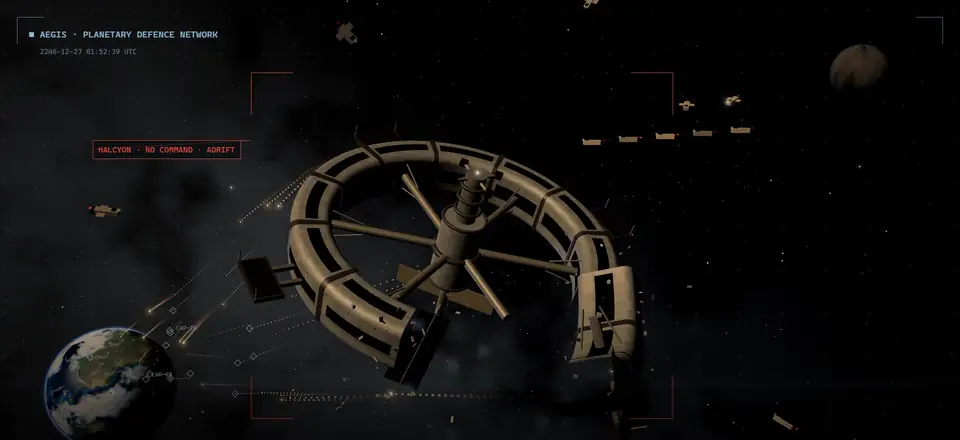 The Halcyon station adrift and breaking up, with Earth in the background.