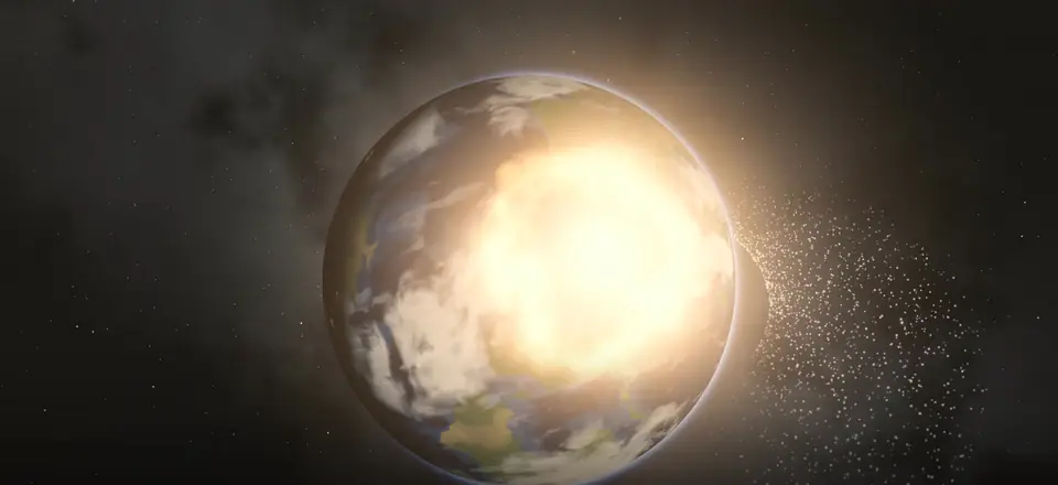 The impact: a blinding flash on Earth and a trail of debris.